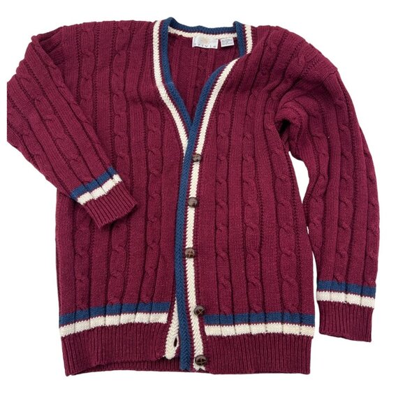 Vintage Trivia Cable Knit Cardigan Sweater Red White & Blue Medium - Picture 1 of 6